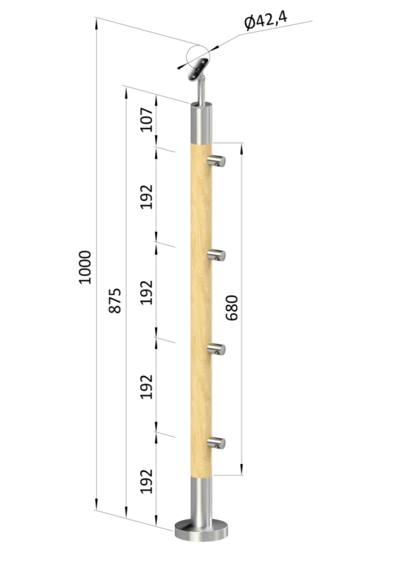 Dřevěný sloup, vrchní kotvení, 4 řadový, průchozí, vrch nastavitelný (ø 42mm), materiál: buk, broušený povrch bez nátěru Kup Teď